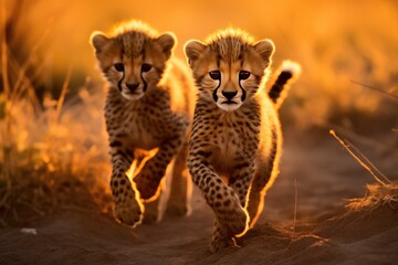 Cheetah cubs chasing each other in the glow of sunset lights.