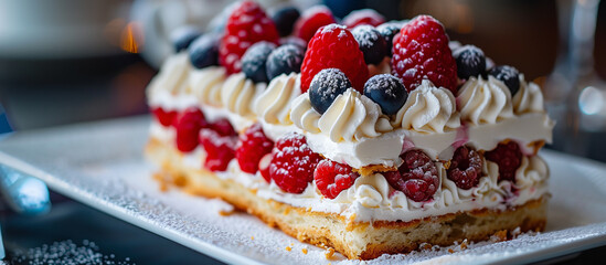 Cake with cream, blueberries and raspberries. Pastry food, sweet and delicious dessert.
- 786103143