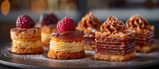 Cakes with cream, caramel and berries. Pastry food, sweet and delicious dessert.	

