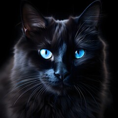 AI generated illustration of a black cat with vibrant blue eyes stares to the right