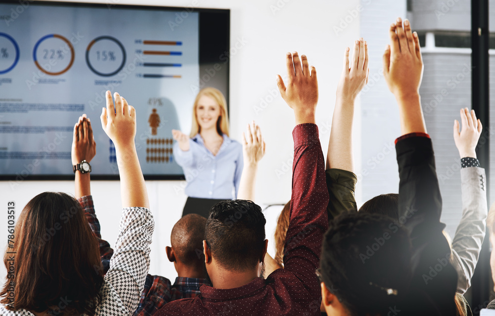 Aufkleber businesspeople, hand and office with question for strategy with presenting for employee with charts 