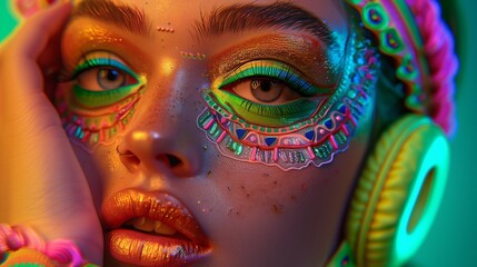 Vibrant colors come to life on her face, a canvas celebrating the artistry of bold makeup.