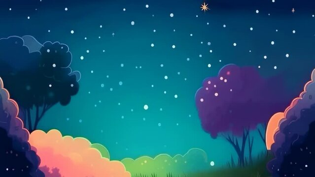 Children's illustration of a night starry sky and colored clouds. Animation drawing in cartoon style
