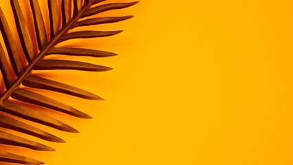 3D rendering of green palm leaves against an orange background with copy space