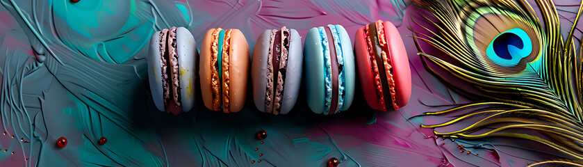 Peacock macaroons with colorful feathers vivid details