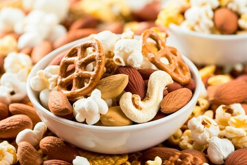 Trail mix with nuts, popcorn and pretzels