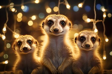 Meerkats standing on hind legs with a backdrop of shimmering lights. - obrazy, fototapety, plakaty