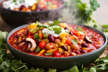 Vegan chili with beans, mushrooms, and vegetables