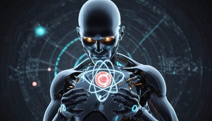 View of a Cyborg holding an atom icon surrounded by data