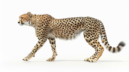 A cheetah is walking on a white background