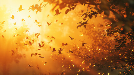 A serene sunrise scene adorned with radiant golden birds