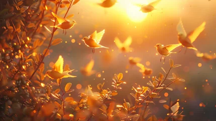 Selbstklebende Fototapeten A serene sunrise scene adorned with radiant golden birds © Anas