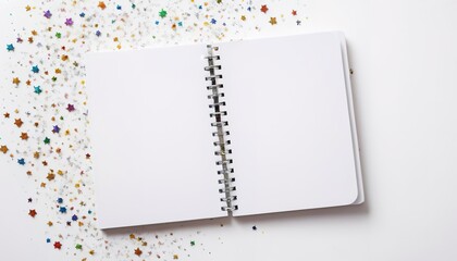 White notebook on a white background with scattered multicolored glitter stars. Place for text