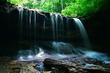 Obraz premium Waterfall falling from rocks surrounded by green trees
