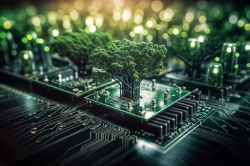 Obraz premium Close up of green tree on microcircuit board.