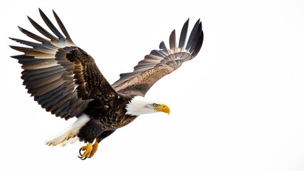 With wings fully spread, this bald eagle exudes power and freedom against a clear backdrop, highlighting its impressive wingspan and focused gaze