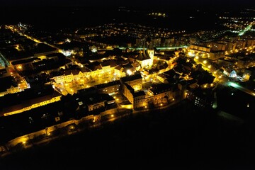 Bird's eye view of Louny city illuminated at night in Czech Republic