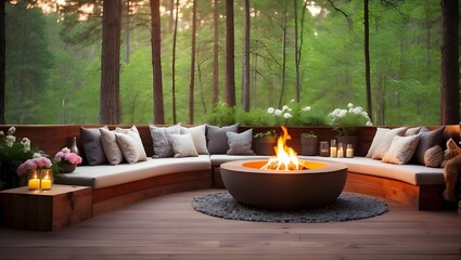 Intimate Deck with Fire Pit and Seating in the Forest. Refreshing the Spring Deck