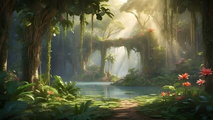 An exquisite, sun-dappled jungle straight out of a fairy tale. Tropical rain forest enchanted. Digital artwork - obrazy, fototapety, plakaty