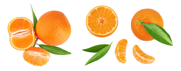 Tangerine or clementine with green leaf isolated on white background with full depth of field. Top...
