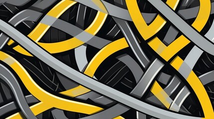 AI generated illustration of dark gray and black rotating patterns with yellow accents - obrazy, fototapety, plakaty