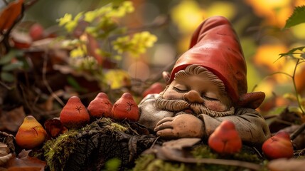 a gnome figurine with two mushrooms in his garden - obrazy, fototapety, plakaty