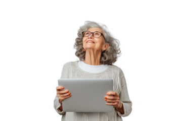 Senior Woman with Laptop on Transparent Background