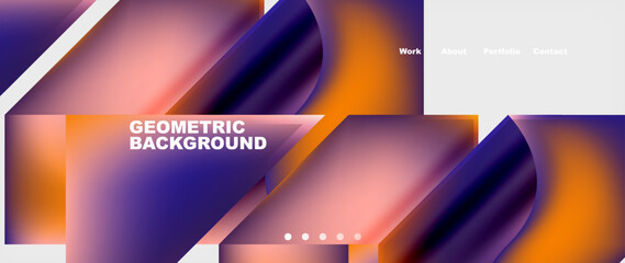 A vibrant geometric background featuring a gradient of purple and orange hues. Rectangles, triangles, and electric blue accents create a modern display for multimedia content on gadgets and devices - 786106914
