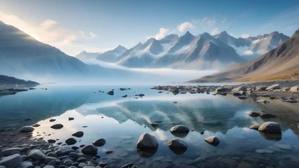 Türaufkleber A misty morning view of a lake featuring mountains, glaciers, and reflections © Ashan