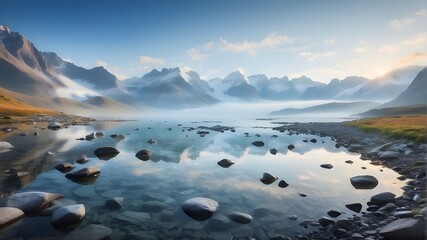 A misty morning view of a lake featuring mountains, glaciers, and reflections - obrazy, fototapety, plakaty