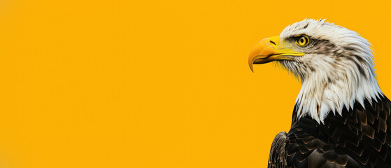 An intense close-up of a Bald Eagle's head contrasts with a vivid yellow background, highlighting the bird's fierce expression and sharp beak