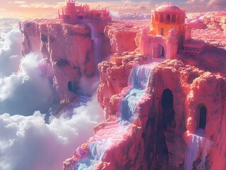 a castle on a cliff is surrounded by clouds and water - obrazy, fototapety, plakaty