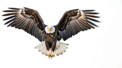 The photo portrays the dominance of the bald eagle, with wings outstretched and a forward gaze that conveys its predatory prowess