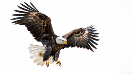 Obraz premium This dynamic image depicts a bald eagle in descent, symbolizing precision and power with its wings perfectly positioned and sharp talons ready for capture