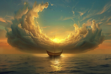 a boat is anchored on the ocean at sunset time with large white clouds around - obrazy, fototapety, plakaty