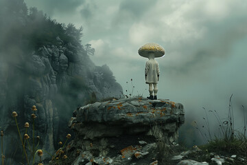 a person on a rocky cliff holding an umbrella over his head - obrazy, fototapety, plakaty