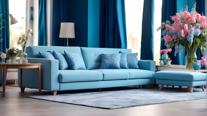 Stylish blue living room set with furniture and a sofa. bright living room with flowers and a sofa that is blurry. broad panorama, backdrop utilization, artificial intelligence