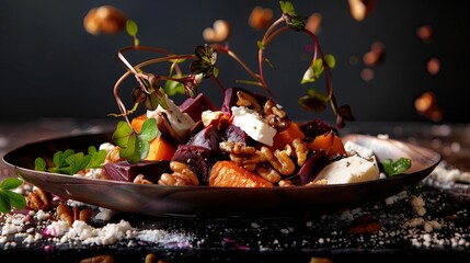 AI generated illustration of a plate of mixed nuts and feta cheese - obrazy, fototapety, plakaty