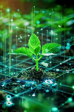 Create an image of a sprouting plant surrounded by digital interfaces and hitech agricultural tools symbolizing the future of smart farming