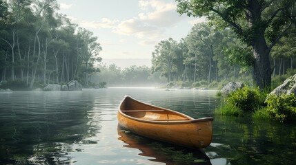 A small wooden canoe sits in a lake surrounded by trees - obrazy, fototapety, plakaty