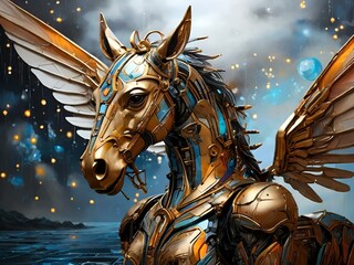 AI generated illustration of a golden winged horse against ocean backdrop