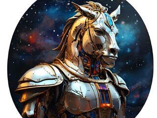 AI generated illustration of a majestic horse wearing armor against starry background