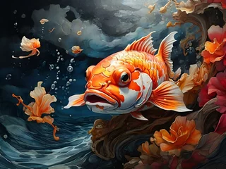 Fotobehang AI generated illustration of a goldfish with white and orange paint on water surface © Wirestock