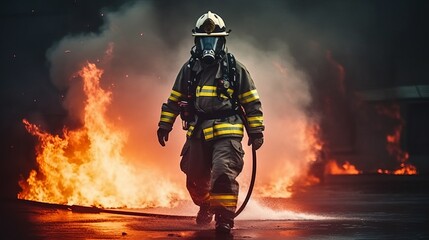 firefighter walking away from raging fire with hose and gear - obrazy, fototapety, plakaty
