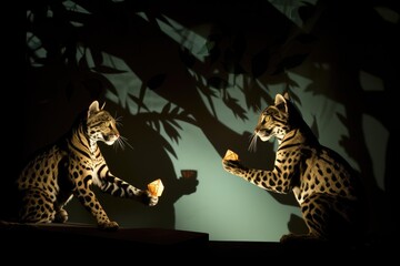 Ocelots playing with shadow puppets created by nearby lights.