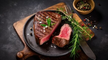 steak with a rosemary - pepper garnish is shown