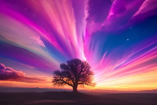 A lone tree silhouetted against a colorful sunrise painting the sky with streaks of light