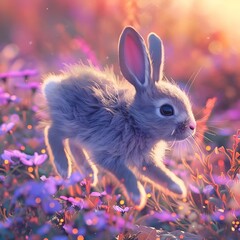 AI generated illustration of a lonely bunny surrounded by pink flowers