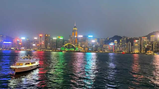 Victoria Habour, Hong Kong - Apir 14th 2024 - VDO of Bustling harbour area with waterfront scenery and popular nighttime light.