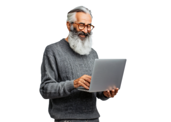 Senior Man with Laptop on Transparent Background